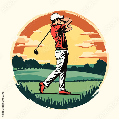 Golfer swinging a club on a green course at sunset with colorful skies and distant trees
