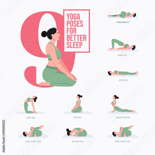 Yoga poses For Better Sleep. Young woman practicing Yoga pose. Woman workout fitness, aerobic and exercises. Vector Illustration. 
