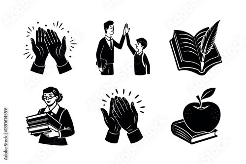 Silhouette icons depicting education, achievement, and success.
