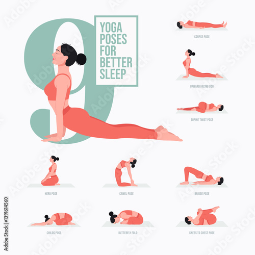 Yoga poses For Better Sleep. Young woman practicing Yoga pose. Woman workout fitness, aerobic and exercises. Vector Illustration. 
