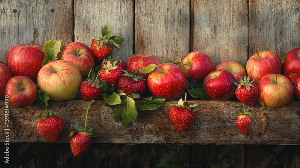 Freshly picked apples and strawberries displayed for a local farm business pic
