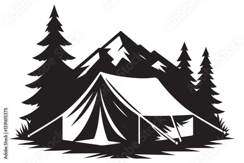 Camping Tent Silhouette Illustration in the Mountains for Adventure Lovers