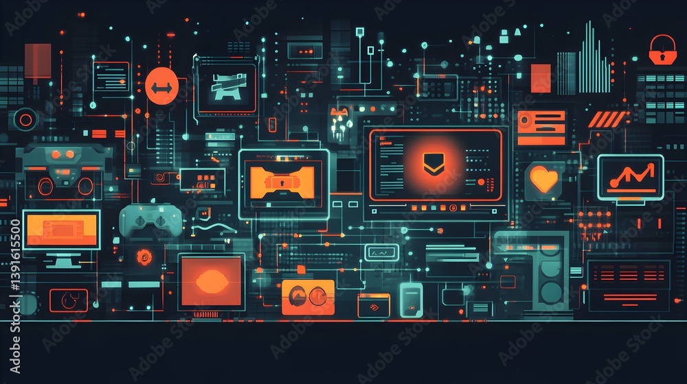 Futuristic digital technology interface displays interconnected network nodes, data streams, and gaming elements on glowing screens. Futuristic digital technology interface displays interconnected network nodes, data streams, and gaming elements on glowing screens.