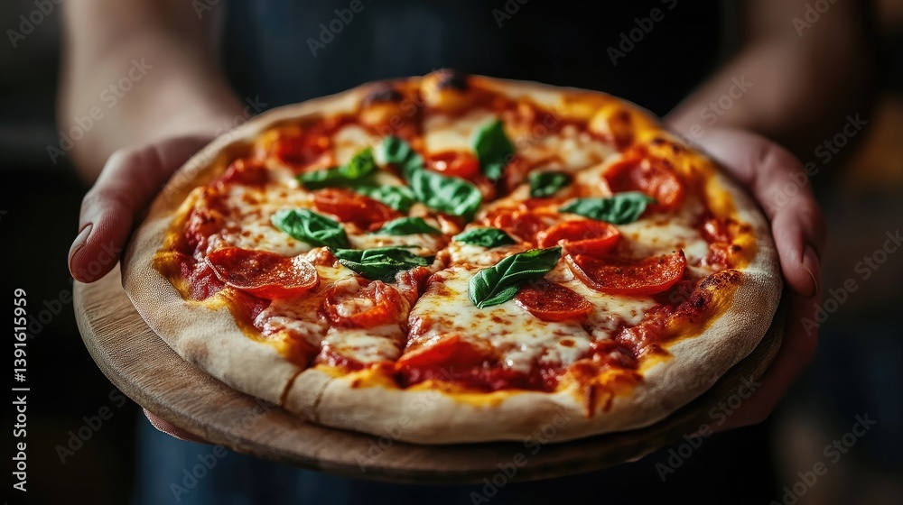 Delicious pizza presented on a wooden plate Delicious pizza presented on a wooden plate
