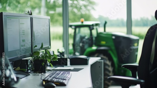 Modern Office Interior with Computer Screens and Green Tractor View