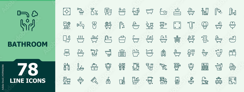 Bathroom icon. Includes thin line symbols toilet, room, wash room and more. Web icons pack. Bath icon. Minimalist editable vector illustration.
