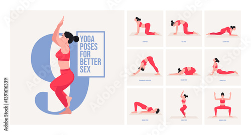 Yoga poses For Better Sex. Young woman practicing Yoga pose. Woman workout fitness, aerobic and exercises. Vector Illustration. 
