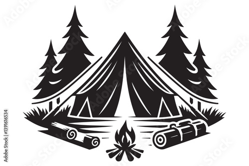 Camping tent in the woods with campfire and logs artwork