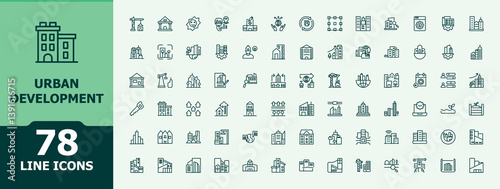 Set of Urban Development line icon. Featuring construction, downtown, estate, urban, architecture, cityscape, residential and more. Collection for mobile and web apps. Minimalist city icon.