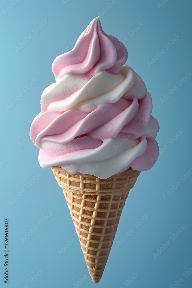Pink Ice Cream in Cone, Sweet Colorful Frozen Dessert with Waffle Cone on White Background Pink Ice Cream in Cone, Sweet Colorful Frozen Dessert with Waffle Cone on White Background