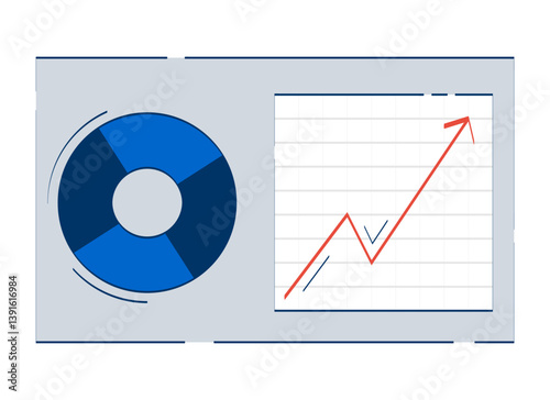 Business analytics dashboard with chart and graph 2D doodle object. Data analysis. Piechart, upward trend cartoon element flat vector clipart isolated on white background. Hand drawn illustration