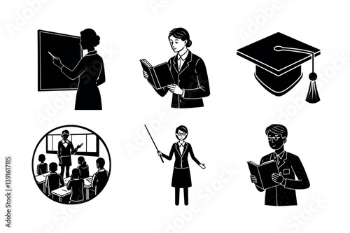 Education Icons: Teachers, Students, and Graduation