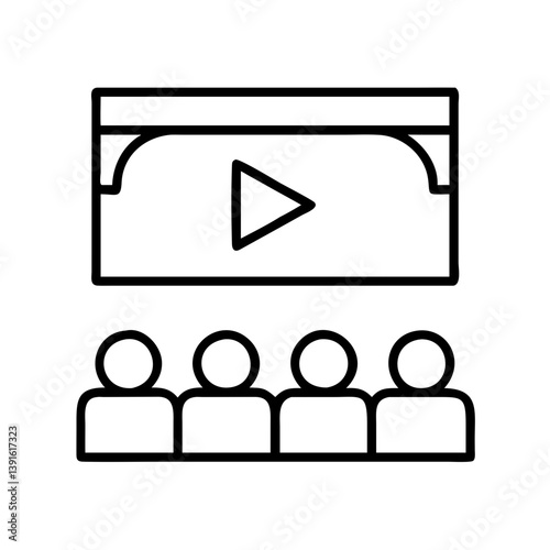 Movie theater showing film with audience watching video presentation in cinema line art style vector 100