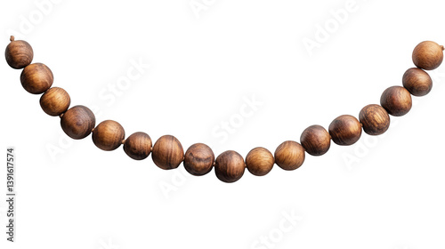 Wooden Beads Strand: A simple strand of natural wooden beads, carefully arranged to showcase their individual shapes and the warm, organic essence of wood grain.