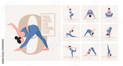 Yoga poses For Strong Legs. Young woman practicing Yoga pose. Woman workout fitness, aerobic and exercises. Vector Illustration. 

