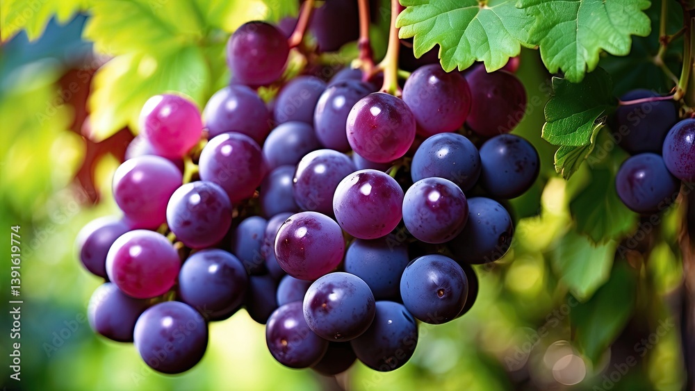 Fototapeta premium purple and red grapes hanging from a leafy grapevine.