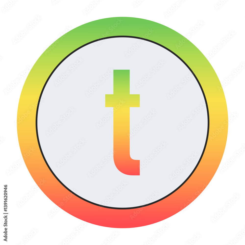 Vibrant Lowercase letter t design with green-red gradient border and light gray inner circle. Perfect for contemporary logo design or creative visual identity. Vibrant Lowercase letter t design with green-red gradient border and light gray inner circle. Perfect for contemporary logo design or creative visual identity.