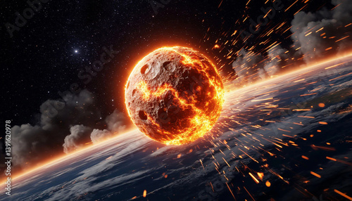 A flaming meteoroid plummets through the atmosphere, its fiery trail cutting through the dark sky, as it heads towards a catastrophic impact with Earth, depicted with dramatic clouds and debris.
