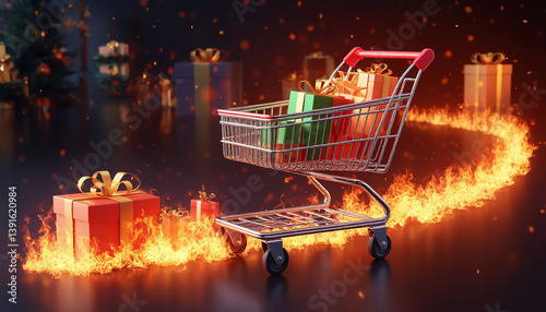 A shopping cart filled with colorful gifts sits amidst a chaotic scene of fire and scattered presents, suggesting a frenzied or disastrous shopping event, with flames licking the edges of the frame.