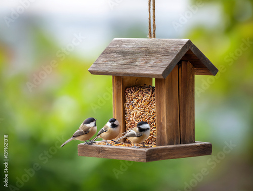  rustic wooden bird feeder with seeds,