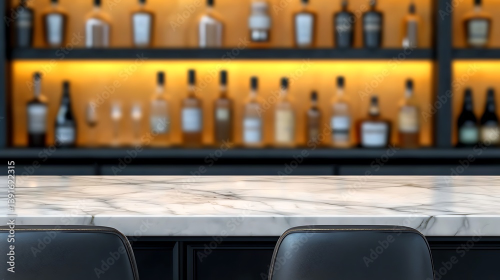 Elegant bar scene featuring a marble countertop with blurred bottles in the background Elegant bar scene featuring a marble countertop with blurred bottles in the background