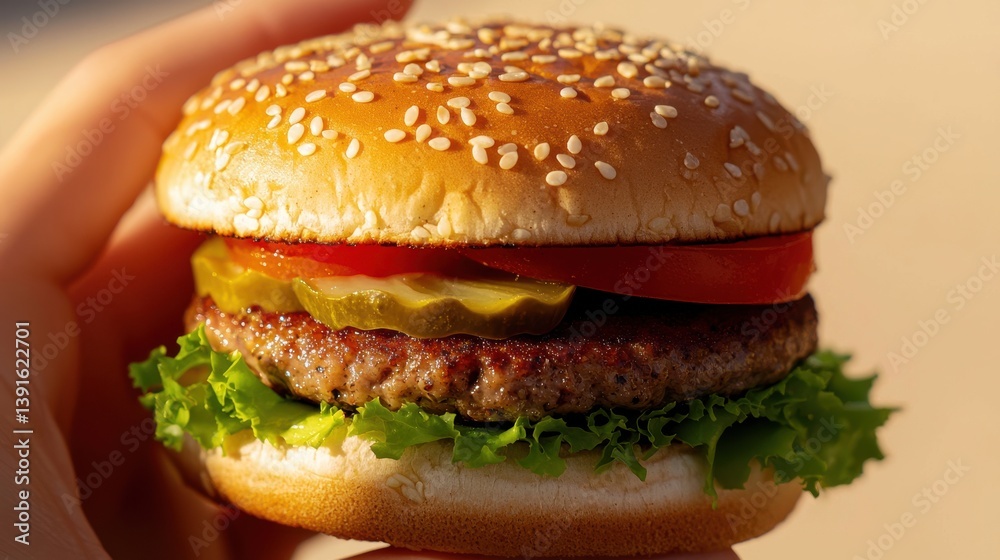 A delicious hamburger featuring a sesame seed bun, lettuce, tomato, pickles, and a juicy beef patty, held in a hand against a warm background. A delicious hamburger featuring a sesame seed bun, lettuce, tomato, pickles, and a juicy beef patty, held in a hand against a warm background.