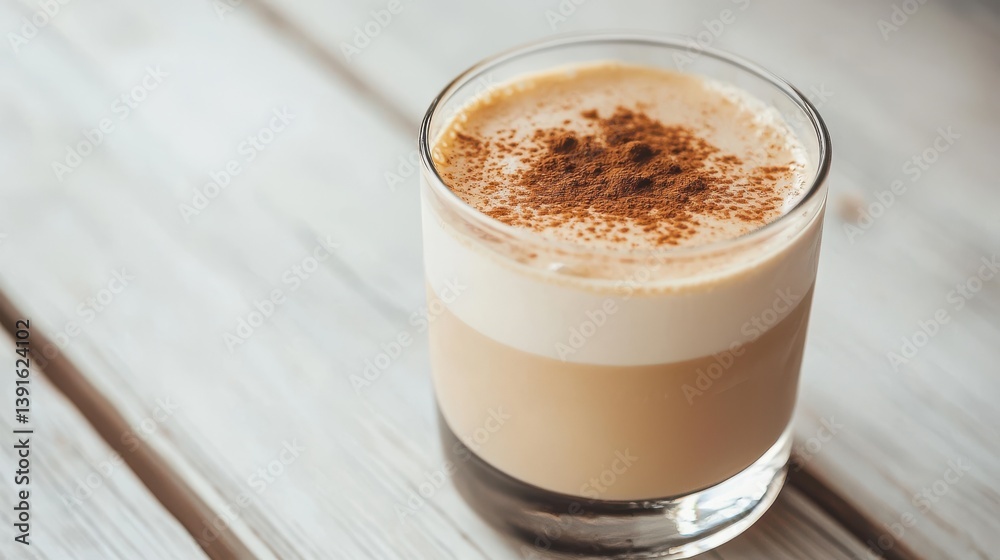 A creamy layered beverage topped with a sprinkle of spice in a clear glass, resting on a wooden surface, inviting and warm.