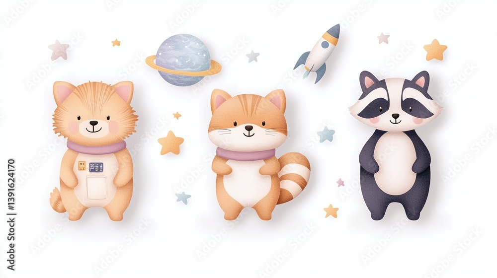 Naklejka premium Raccoon and kitten space adventurers with planets rockets and stars, pastel cosmic animal sticker set on white background for kids artwork