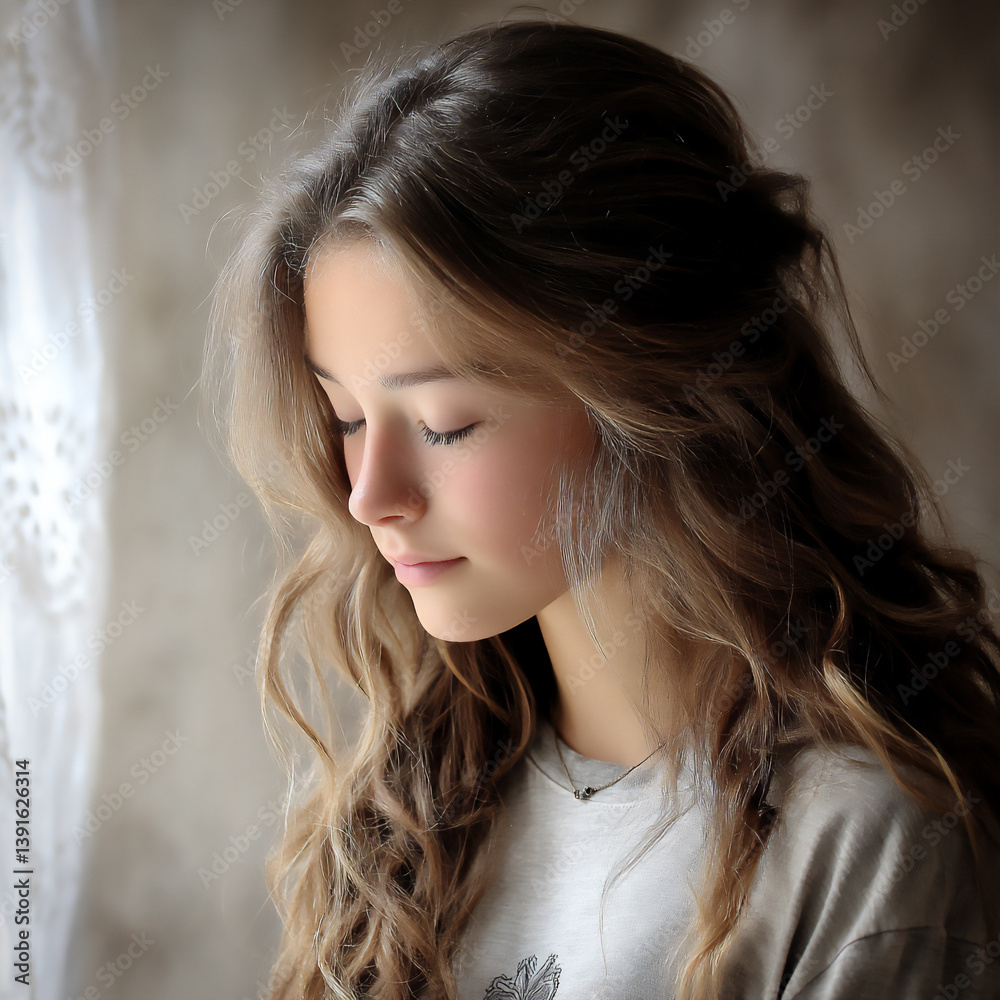 Naklejka premium serene teenager gazing, p: a close-up of a teenager with long wavy hair,