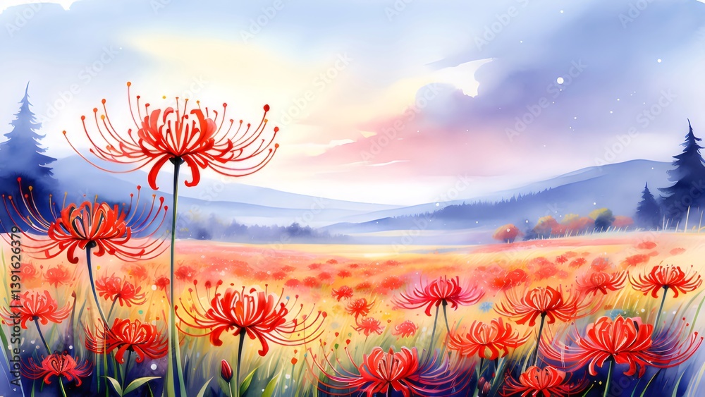 Vibrant Red Spider Lilies Bloom in a Watercolor Field Landscape with Soft Hues and a Serene Atmosphere Vibrant Red Spider Lilies Bloom in a Watercolor Field Landscape with Soft Hues and a Serene Atmosphere