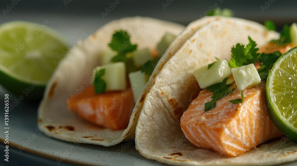 Two delicious salmon tacos with fresh cilantro, lime wedges, and diced cucumber, showcasing a vibrant and appetizing presentation. Two delicious salmon tacos with fresh cilantro, lime wedges, and diced cucumber, showcasing a vibrant and appetizing presentation.