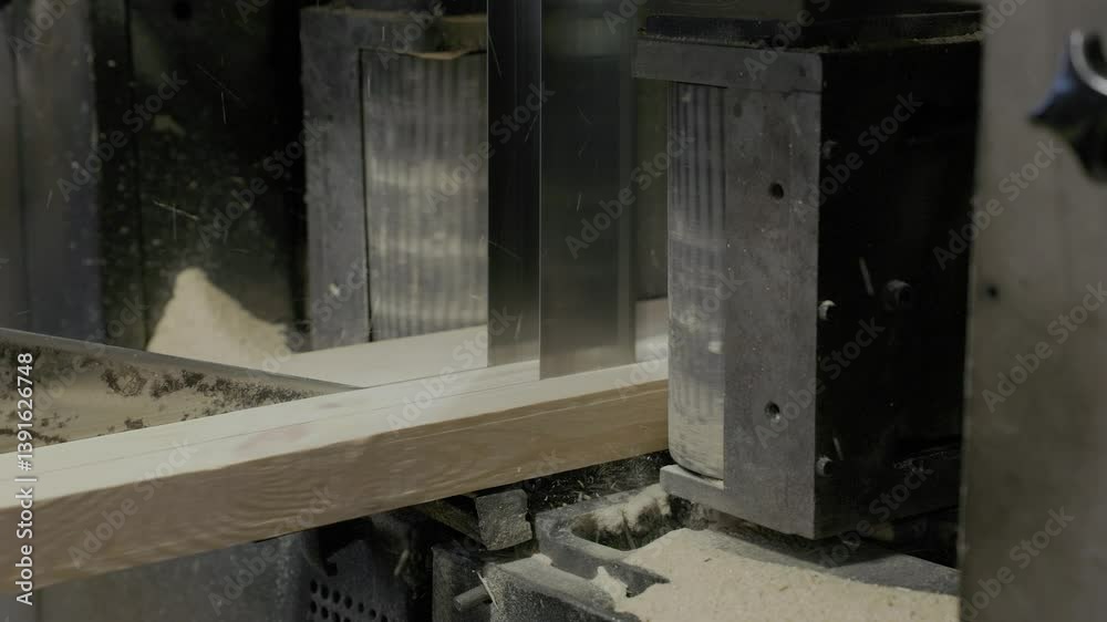 Close-up of a high-speed sawmill machine slicing through wooden planks with precision, creating sawdust and showcasing industrial-grade woodworking automation in action Close-up of a high-speed sawmill machine slicing through wooden planks with precision, creating sawdust and showcasing industrial-grade woodworking automation in action