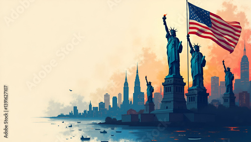 Powerful national pride imagery combines iconic symbols and historic landmarks with modern design to create a visually compelling narrative of American resilience and unity in  Photo Stock  Concept  a