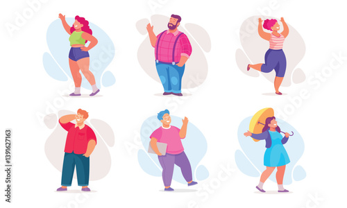 Body Positive Happy Man and Woman Character with Cheerful Smile Vector Illustration Set