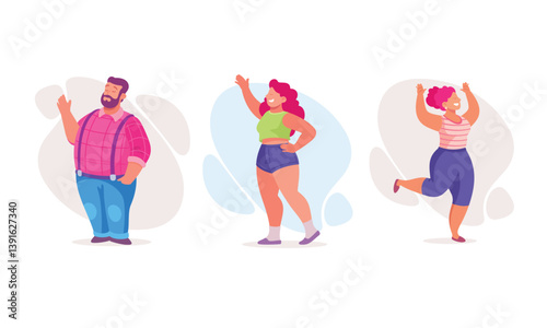 Body Positive Happy Man and Woman Character with Cheerful Smile Vector Illustration Set