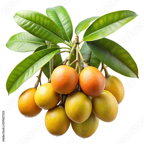 A bunch of ripe and unripe yellow and orange marian plums with green leaves isolated on Trensprent Background