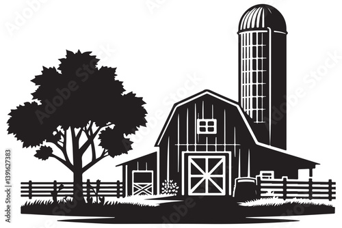 Rural Farm Silhouette Barn with Tree Agriculture Scenery Illustration