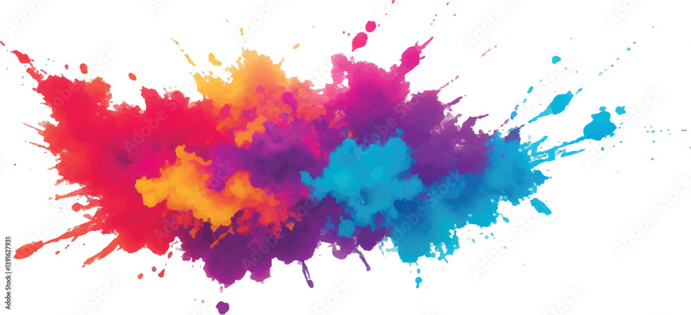 Abstract Watercolor Brush Strokes, Stains, and Colorful Splashes Forming a Stunning, Explosive Visual Experience, Combining Artistic Expression with a Clean, White Canvas Backdrop.
