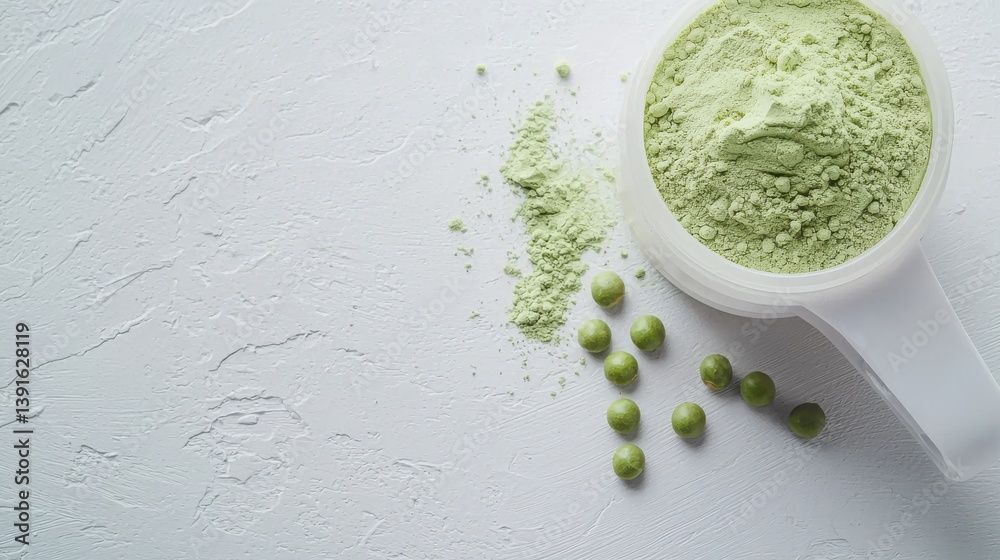 A scoop of green powder with scattered green peas on a textured surface, highlighting a natural, healthy ingredient. A scoop of green powder with scattered green peas on a textured surface, highlighting a natural, healthy ingredient.