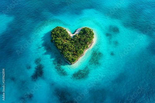 Heart-shaped island surrounded by turquoise water in a tropical setting
