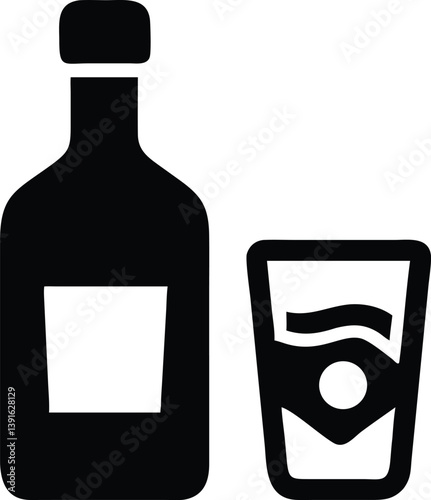 Soda Glass Icon with Ice Cubes and Bubbles in Minimalist Black and White Style