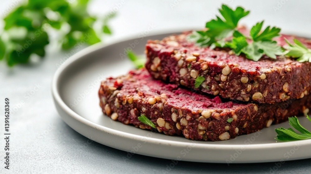 A visually appealing dish featuring two slices of a meatloaf-like preparation garnished with fresh parsley, served on a round plate.