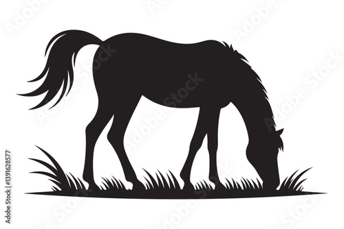 Horse Grazing Silhouette Illustration Peaceful Animal in Field