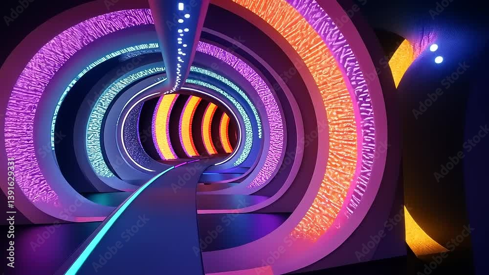 Futuristic tunnel with vibrant neon lights and abstract patterns in a modern setting