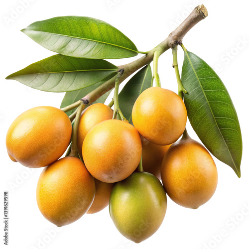 A Bunch of Ripe and Unripe Marian Plum Fruits on the Branch with Green Leaves