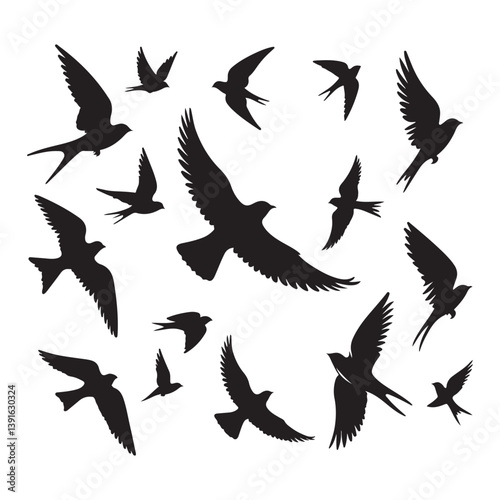 Swallows silhouette flock flying birds graphic illustration collection