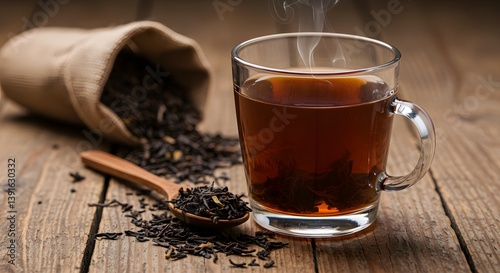 A cup of hot black tea with gentle steam rising, surrounded by dry tea leaves on a wooden background.