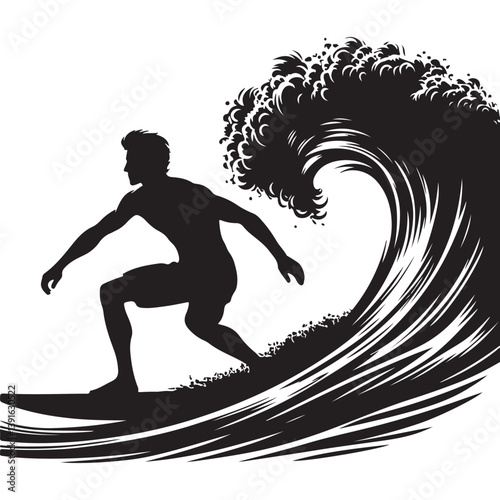 Surfer Riding Ocean Wave Silhouette Vector for Surf Culture Graphics