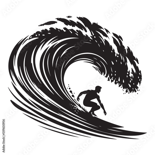 Surfer Silhouette Riding Wave Vector Illustration for Water Sport