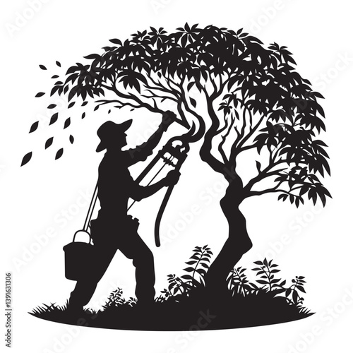 Gardener pruning tree branches silhouette vector image outdoor work